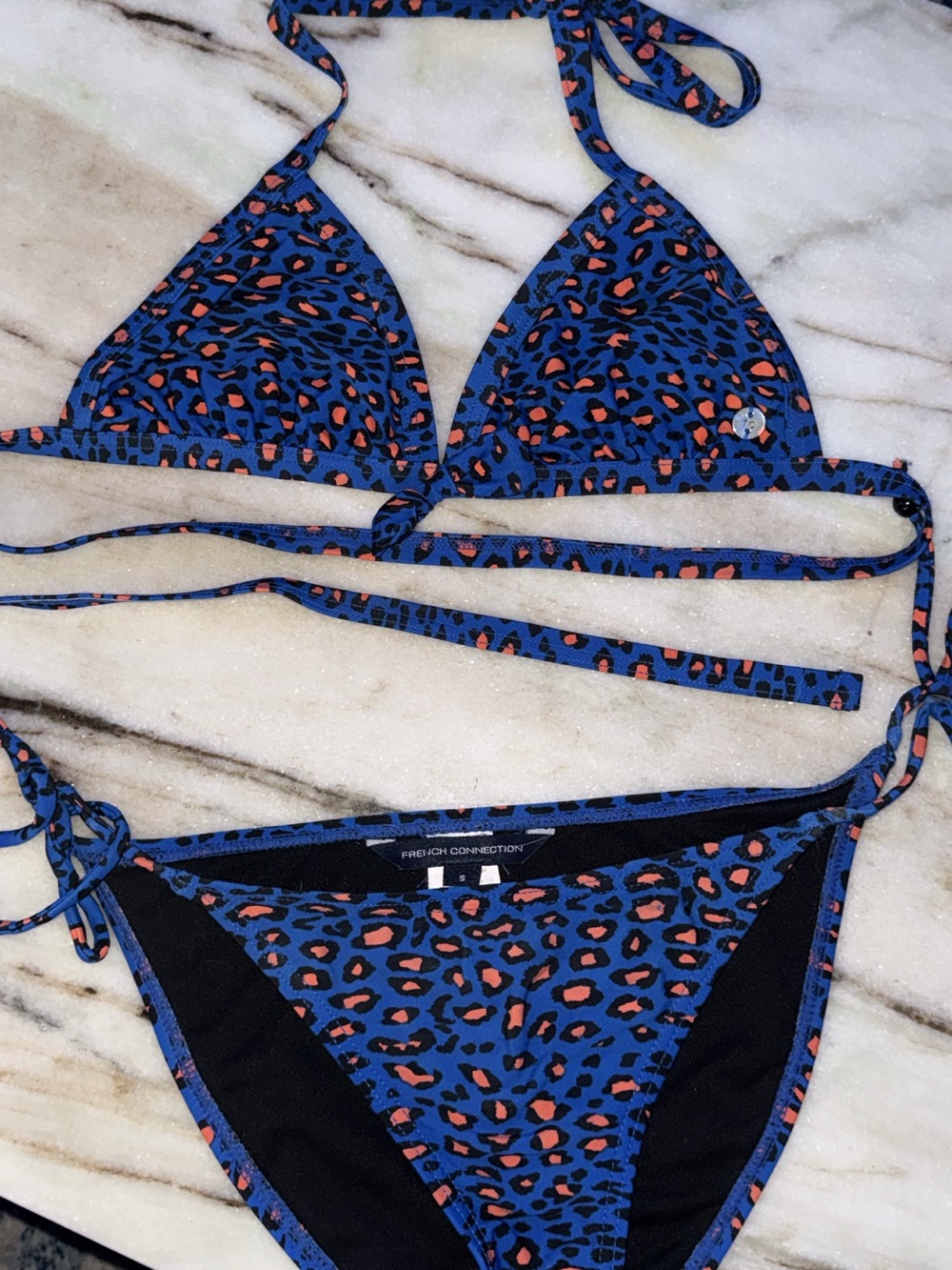 French Connection Blue and Coral Leopard Print Triangle Bikini